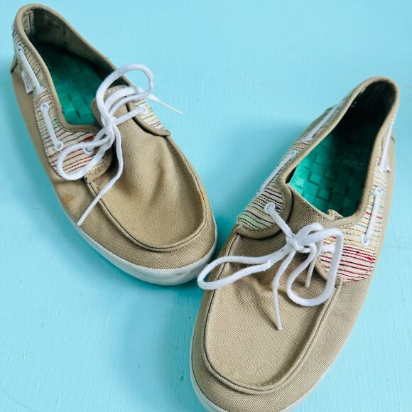 Van's Surf Siders Shoes Canvas Boat Shoes Tan Rainbow Stripes Women's Size 7.5 - Picture 2 of 6